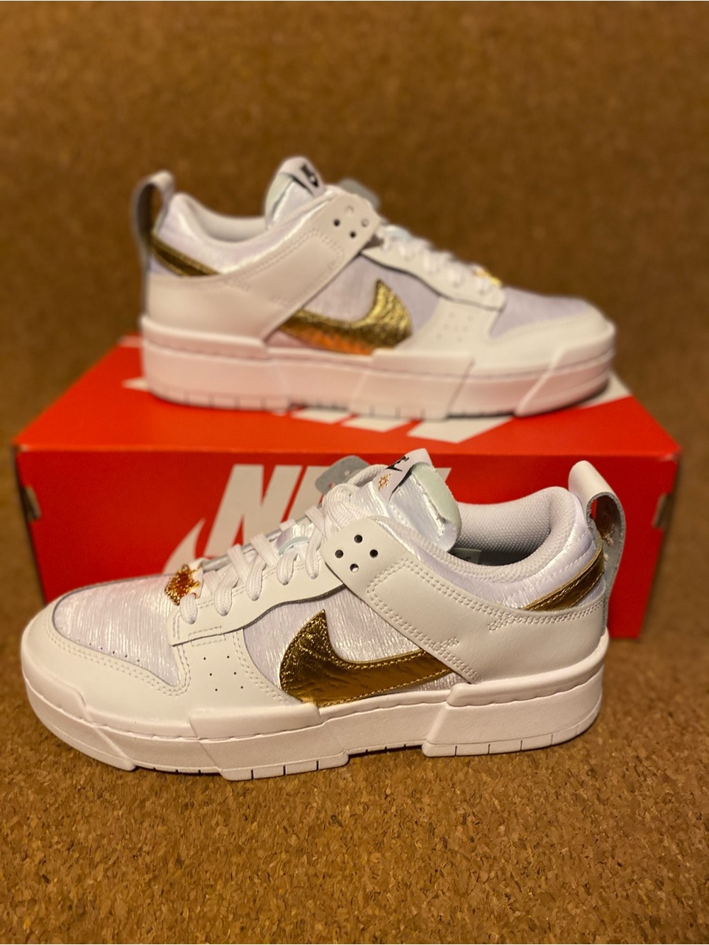 Nike Womens Dunk Low Disrupt White Metallic Gold Swoosh Accents